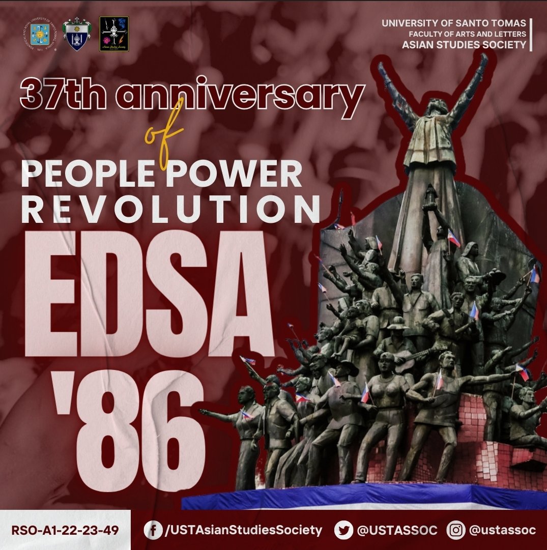 assoc_ust's tweet photo. π¨οΈToday is the 37th anniversary of the 1986 EDSA People Power Revolution.
π¨οΈ37 years ago, the Filipino people came together in EDSA to peacefully overthrow a dictatorship and restore democracy.
#AcesOfAS
#USTASSOC
Caption by: Heloise Llana
Board by: Angel Bacolod https://t.co/iFgL1e9Vbf
