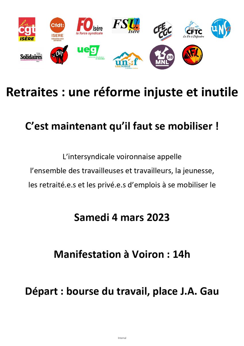 A Voiron en Isère, RDV le samedi 4 mars pour un nouveau RDV du samedi, pour se donner encore plus d'élan pour la #greve7mars :D 
#NonALaReformeDesRetraites #grevegenerale #greve8mars #greve9mars #Onvagagner