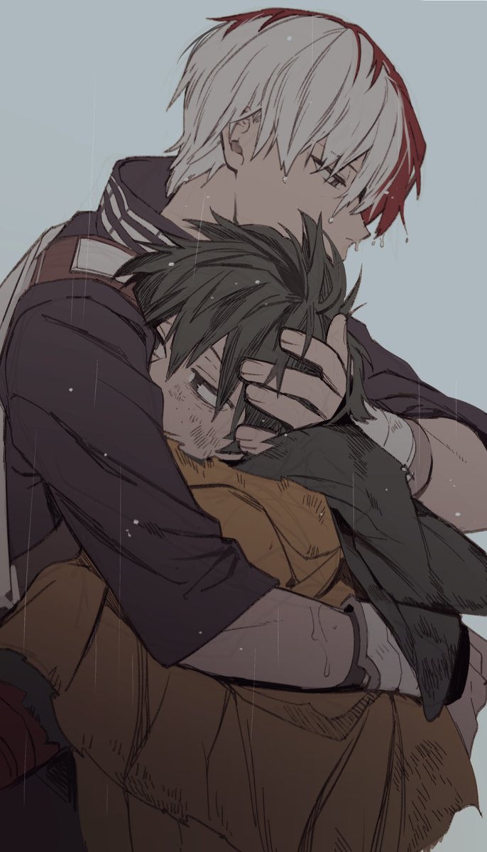 todoroki shouto multiple boys 2boys male focus red hair white hair hug scar  illustration images