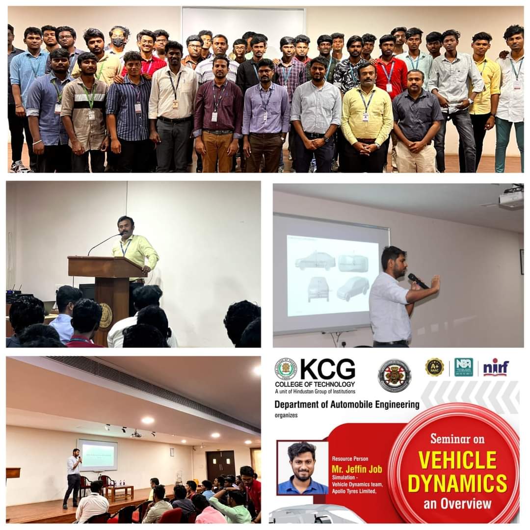 KCGtechnology's tweet photo. The Department of Automobile Engineering organized a Seminar on Vehicle Dynamics with expert Resource Person Mr.Jeffin Job, a key member of the Simulation- Vehicle Dynamics Team, Apollo Tyres Ltd. on 18th February 2023.  
#KCGCollege #automobileindustry #cardesign #automobiles https://t.co/0qlL6yPOpb