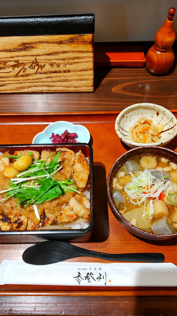 TsukemenO's tweet photo. 生姜豚重定食    普通の生姜焼きと違って、豚肉がまさに大量のおろし生姜まみれになっている    オレはたいへん美味しいと感じたが、生姜が苦手な人は一口も食べられないだろう
#秋葉原
#生姜豚 https://t.co/6P0v9sAkXb