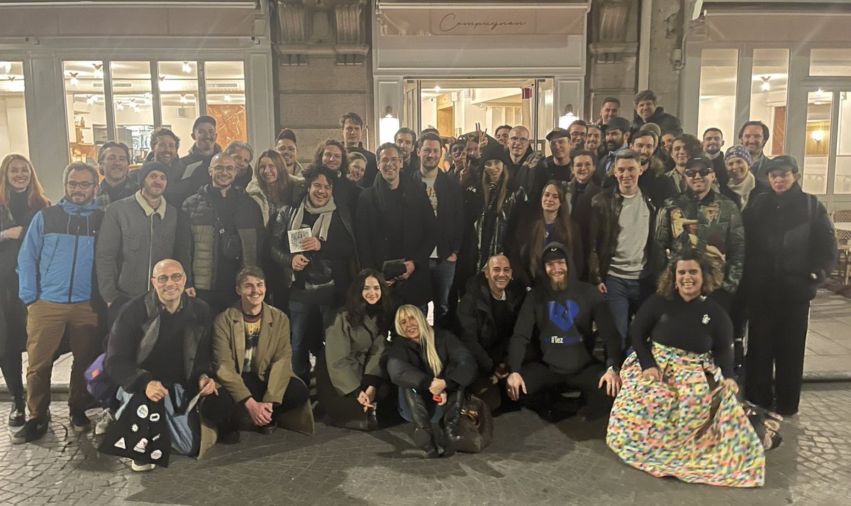 And we finally made it 💙 
A #tezos family dinner w/ 85 guests, and the creme de la creme of this community <a href="/ArtMonochrome1/">Anna</a> <a href="/zancan/">zancan 🌿</a> <a href="/ivonatau/">Ivona Tau</a> <a href="/NFTBiker/">NftBiker</a> <a href="/objktcom/">objkt</a> <a href="/verticalcrypto/">VERTICAL</a> <a href="/postanika/">anika meier</a> <a href="/theVERSEverse/">theVERSEverse</a>  <a href="/InWarhol/">The Tickle - #94 ft. Beets & Bay Backner</a> <a href="/Urbandrone_/">urbandrone</a> <a href="/Kaloh_nft/">Kaloh</a> <a href="/PasanenJenni/">Jenni Pasanen</a> <a href="/somaticbits/">somaticbits</a> <a href="/ganbrood/">Ganbrood</a> 1/7