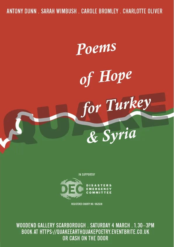 💚❤️Join us next Sat 4th March, Woodend Gallery Scarborough at this great poetry fundraiser for the Turkey-Syria earthquake disaster. <a href="/ScarbsMuseums/">Scarborough Museums and Galleries</a> <a href="/bigideassea/">Big Ideas By The Sea- Scarborough</a> <a href="/BloodaxeBooks/">Bloodaxe Books</a>  <a href="/poetrybusiness/">The Poetry Business</a> <a href="/SerenBooks/">Seren Books</a> <a href="/ValleyPress/">Valley Press</a> <a href="/SerenBooks/">Seren Books</a>