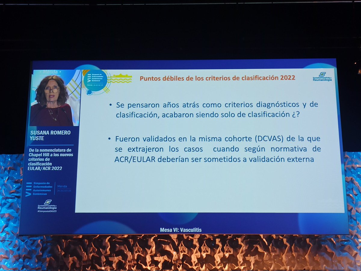 JOVREUM's tweet photo. ¡Comienza la segunda jornada del #SimposioEAS23! La Dra. @ry_susana repasa la nomenclatura en #vasculitis, y los nuevos criterios EULAR/ACR 2022, comparándolos con las clasificaciones previas, y recalcando sus puntos fuertes y débiles. https://t.co/gOIJ7TC8Xf