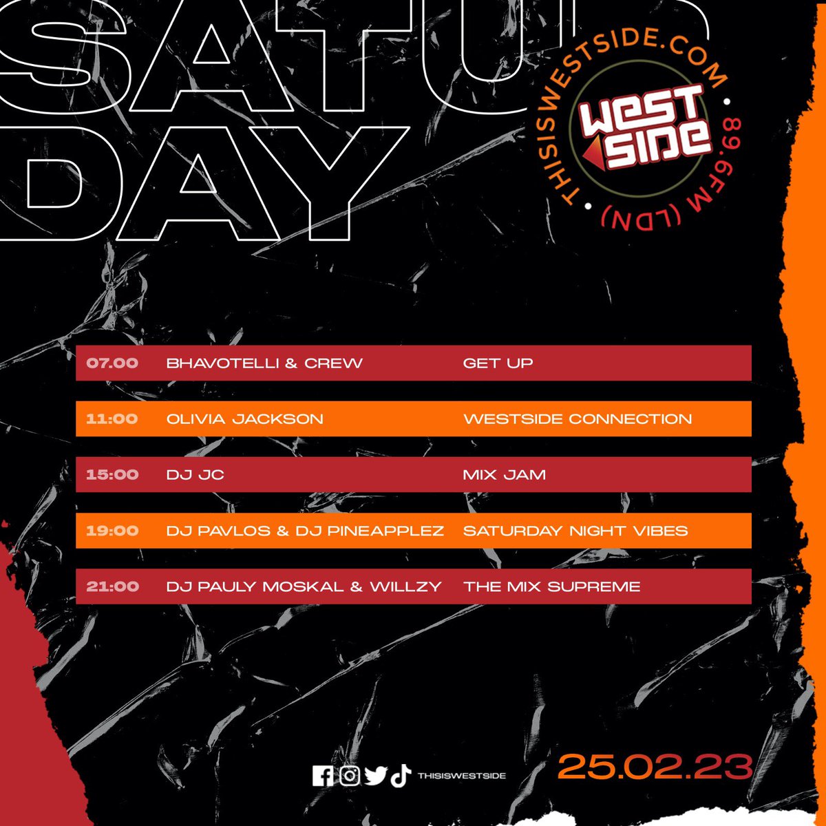 SATURDAY 25.02.23 

7-11 <a href="/bhavotelli/">BHAVOTELLI</a> <a href="/Noha_Omnya/">Noha Omnya</a> <a href="/JemmaMcCarthy_/">Jemma McCarthy</a> 

11-3 <a href="/Liv_london_/">Olivia Jackson</a> 

3-7 <a href="/DJJCLDN/">DJ JC</a> 

7-9 <a href="/realdjpavlos/">PAVLOS</a> <a href="/DJPineapplez/">Dj Pineapplez</a> 

9-11 <a href="/djpaulymoskal/">djpaulymoskal</a> <a href="/KalexWzy/">Kalex // Willzy</a>