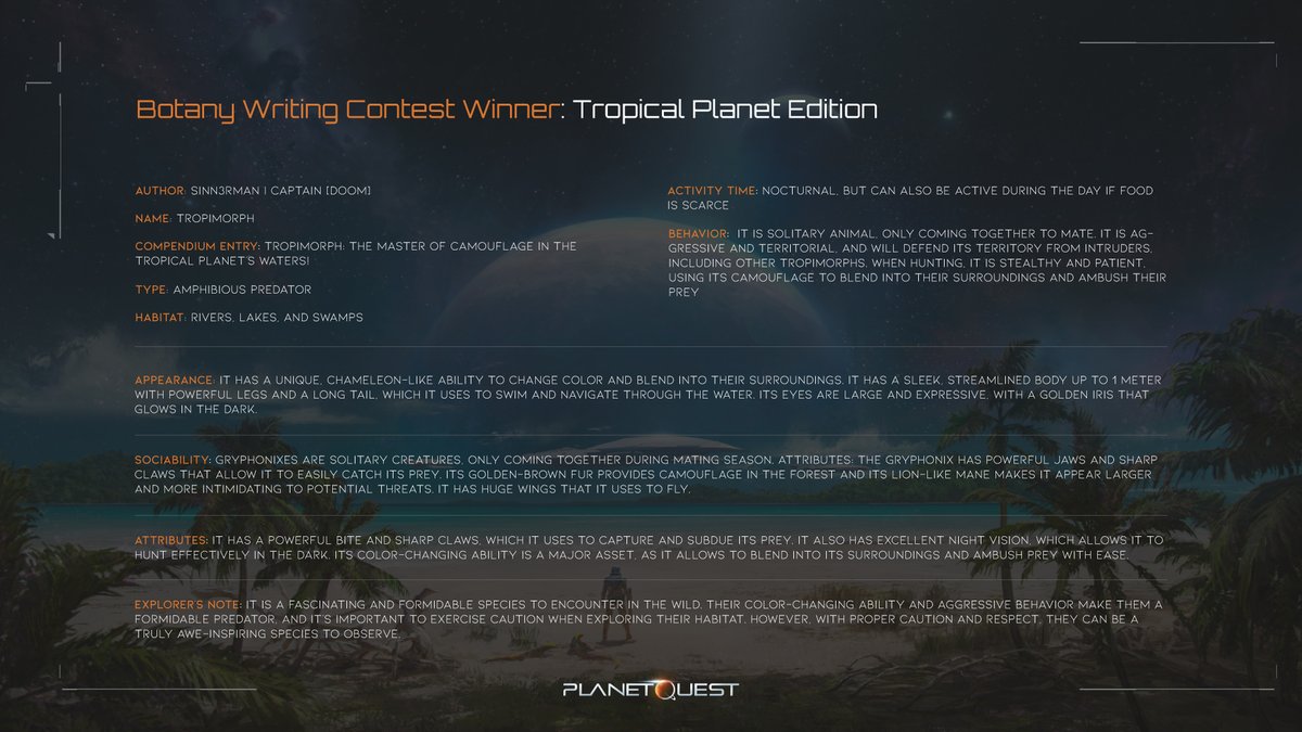 JoinPlanetQuest's tweet photo. #PQFanContent Spotlight! 😍
The #PQCommunity’s talent certainly shows in these winning entries for last week’s Botany and Bestiary writing contest 🖊
What are your favorite parts of the Tropimorph and Terrafix? Let us know down below 👇 https://t.co/baRHrEGX8f