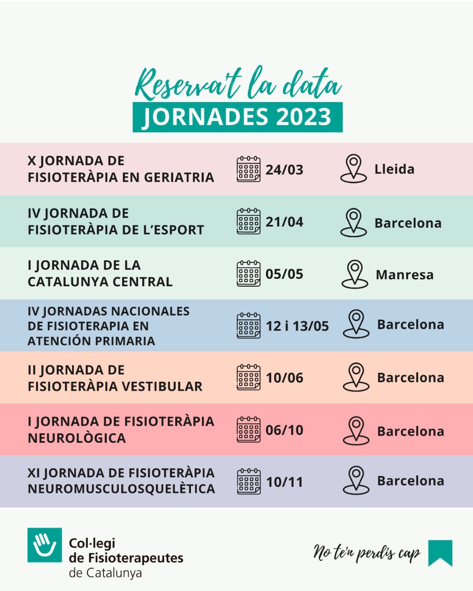 📍 Fisioterapeuta, aquest 2023 ve carregat de jornades i de fisioteràpia!

 Reserva't les dates!

🙌 Tenim moltes ganes d'aprendre i parlar de la nostra passió al teu costat.

T'hi esperem! 😉

#cfc #jornades #fisioterapeutes