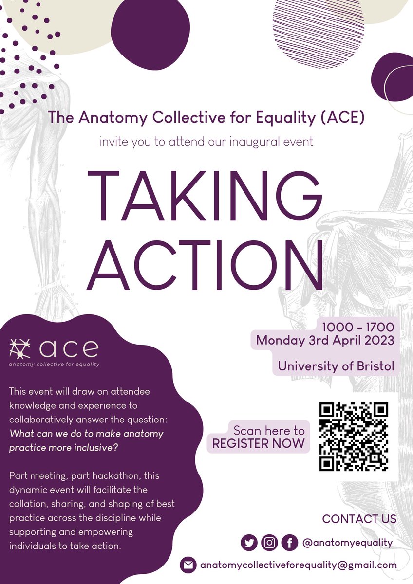 Registration for our Taking Action event is still open! Join us on 3rd April 2023 @UoBrisAnatomy (10-5) to explore how we can make #anatomy more #inclusive - link tree in bio for registration, website, and socials! #acetakingaction #anatomyevent #anatchat #registrationopen