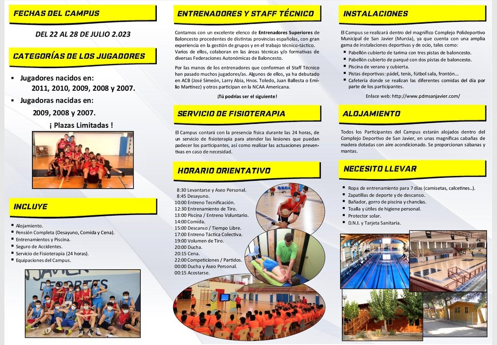BasketTW's tweet photo. PRESENTACIÓN CAMPUS BTW '23
Os presentamos el Tríptico Informativo del IX Campus de Alto Rendimiento Basketball Training Week '23.
Del 22 al 28 de Julio, en el Complejo Deportivo de San Javier (Murcia).
Más información:
https://t.co/r5v6ItkxX4
#CampusBasketTW23 #CampusBaloncesto https://t.co/KTSmQSA5lv