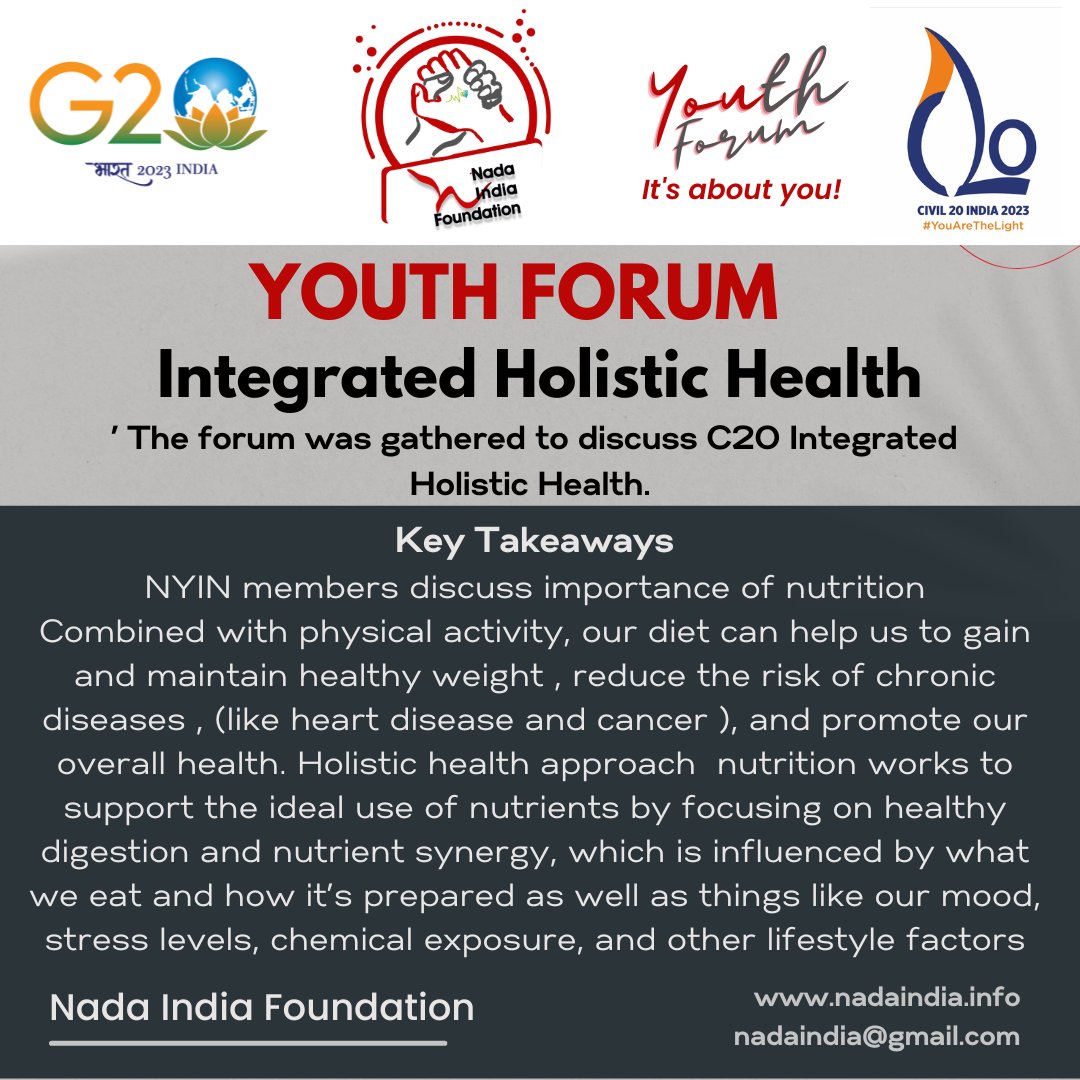 NadaPehchaan's tweet image. ’ The forum was gathered to discuss C20 Integrated Holistic Health. @C20EG @g20org @NadaPehchaan
Some Key Takeaways of the @NadaNetwork #YouthForums organised on 24 Feb 2023
Stay tuned for more updates #TobaccofreeIndia #Youth4TobaccofreeIndia #Goodhealth #Holistichealthcare