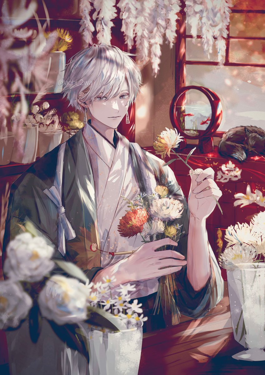 flower 1boy male focus white flower japanese clothes white hair solo  illustration images