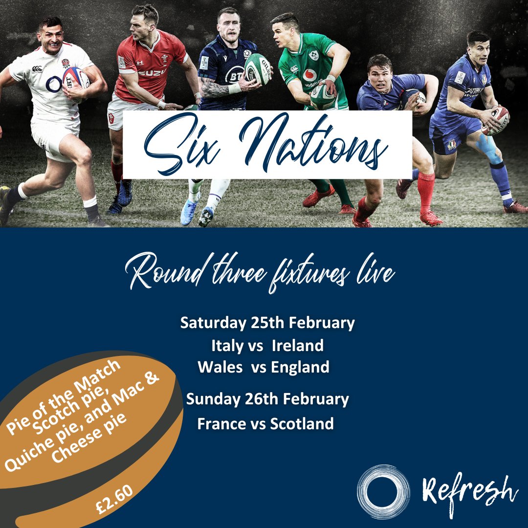🏉Six Nations🏉
Round three of the Six Nations takes place this weekend! 

Watch the games live at Refresh and try one of our delicious pies during each match 😍

#SixNations #campuseatsuofs