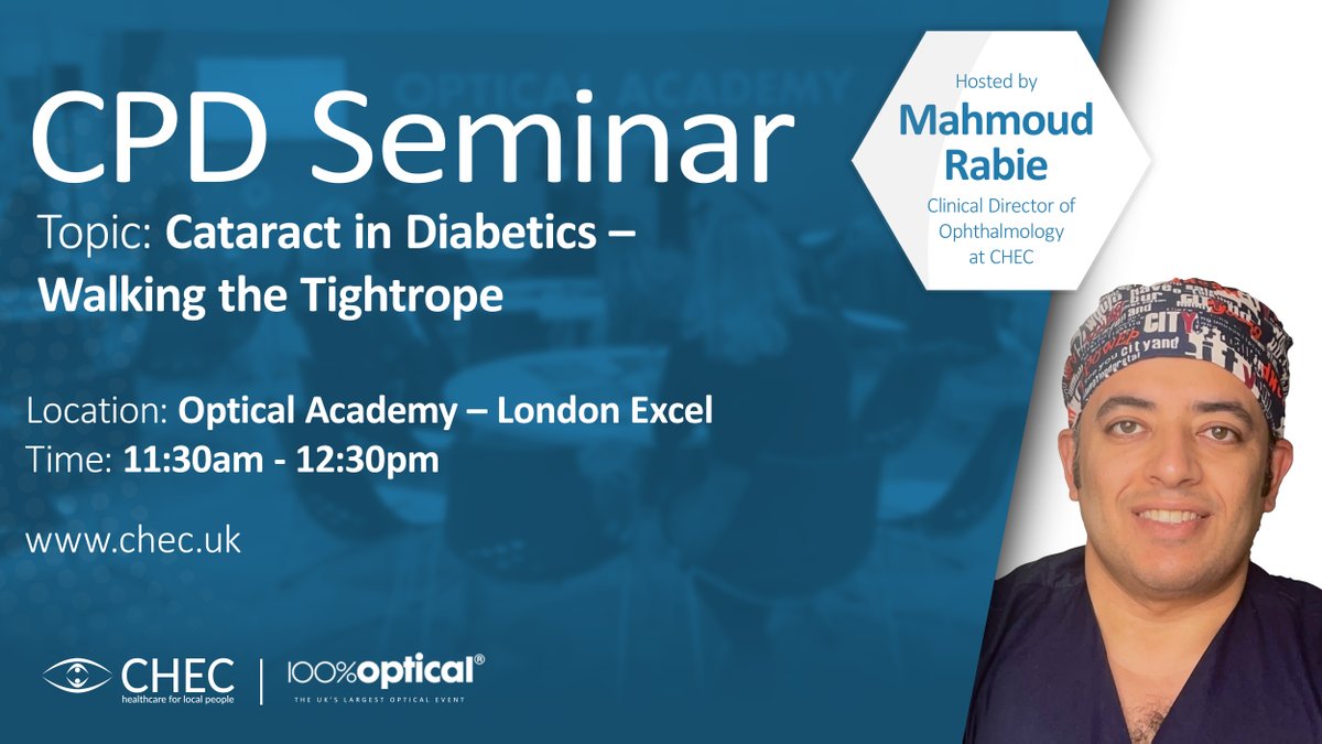 chec_eyecare's tweet image. Here is your final reminder to attend the @100optical CPD seminar on the topic &apos;Cataract in diabetics - Walking the tightrope&apos; at 11:30am at @ExCeLLondon.

For last-minute registrations: eu1.hubs.ly/H02GPJC0

#100optical #CPDseminar #opticalacademy #surgeon #diabetics