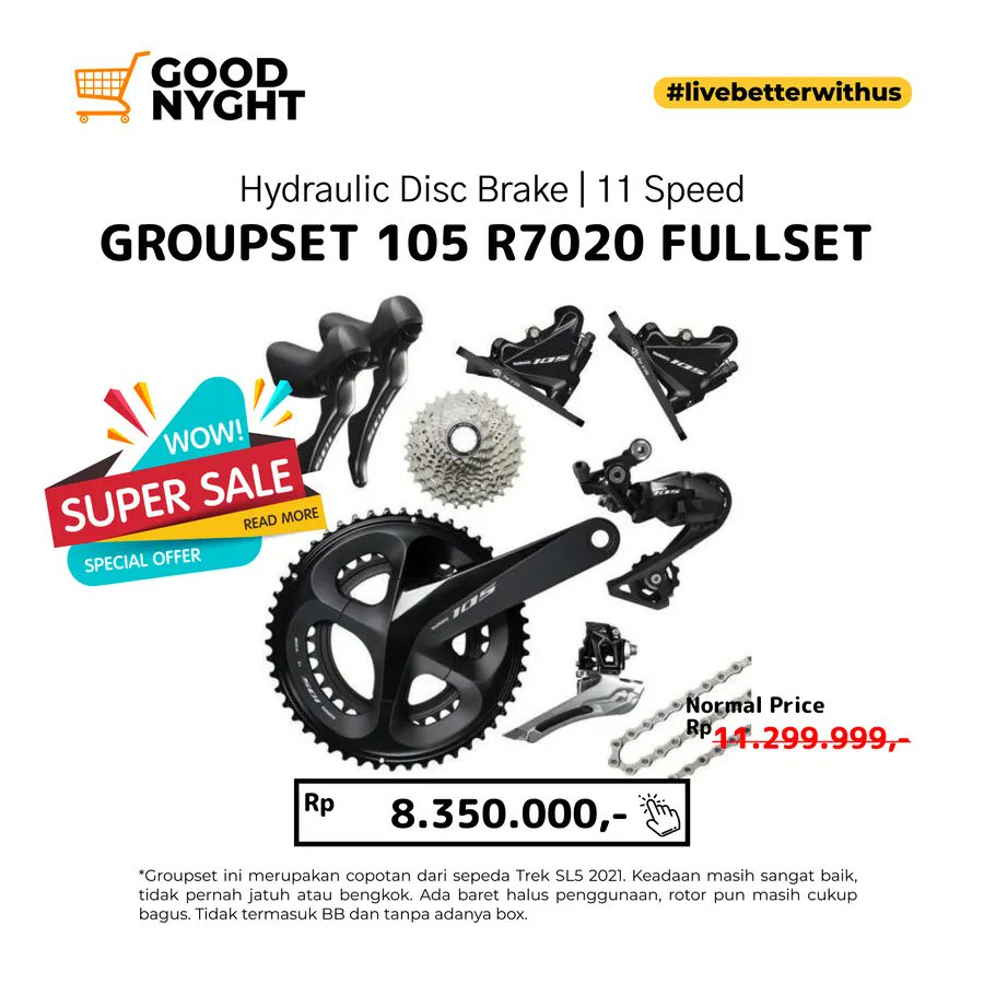 goodnyght's tweet photo. Izin berniaga Groupset Shimano 105 R7020 Disc Brake. Kondisi mulus, silahkan cek foto terlampir, ada pemakaian baret halus di crankset sama rd
.
Harga: 8.3jt (Nego)
Cek disini: https://t.co/Rhv3azjXRB
.
#fnfjb #goodnyght #bgrfixedfaction https://t.co/1pclO9Cndx