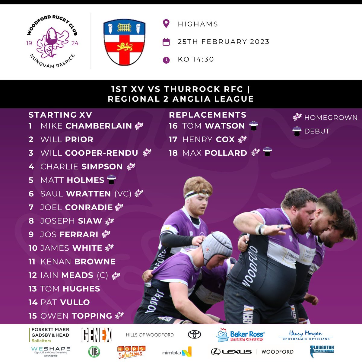 Here is today's lineup for our home game against HAC. KO 2:30

Congratulations to Matt, Tom and Max on debut!

Go well lads!!!

#woodfordfamily #coyw #rugby #rugby🏉 #woodford #woodfordrfc #woodfordrugby #londonrugby #essexrfc #debut #youthrugby