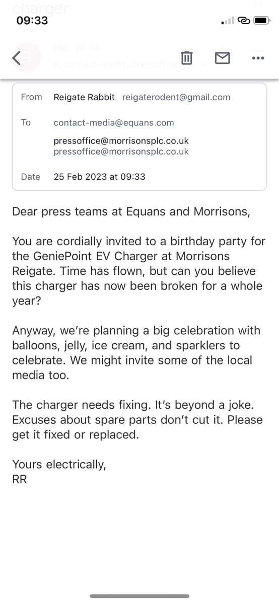 @parasjethwasurg @chrispearse3 @Morrisons @GeniePointEV @reigatebanstead @EQUANS_UK @RawCharging Worth a go… I’ll bring the balloons