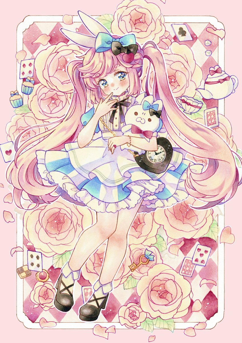 1girl cookie pink hair bow checkerboard cookie blue eyes solo  illustration images