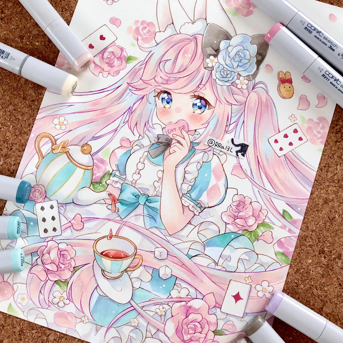 1girl cookie pink hair bow checkerboard cookie blue eyes solo  illustration images