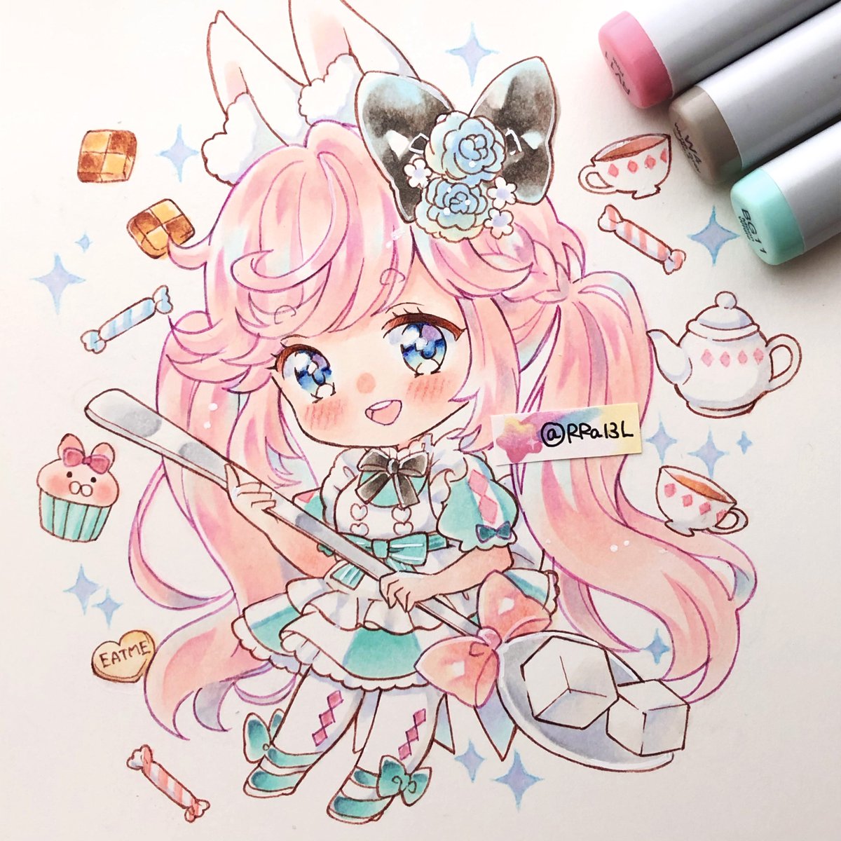 1girl cookie pink hair bow checkerboard cookie blue eyes solo  illustration images