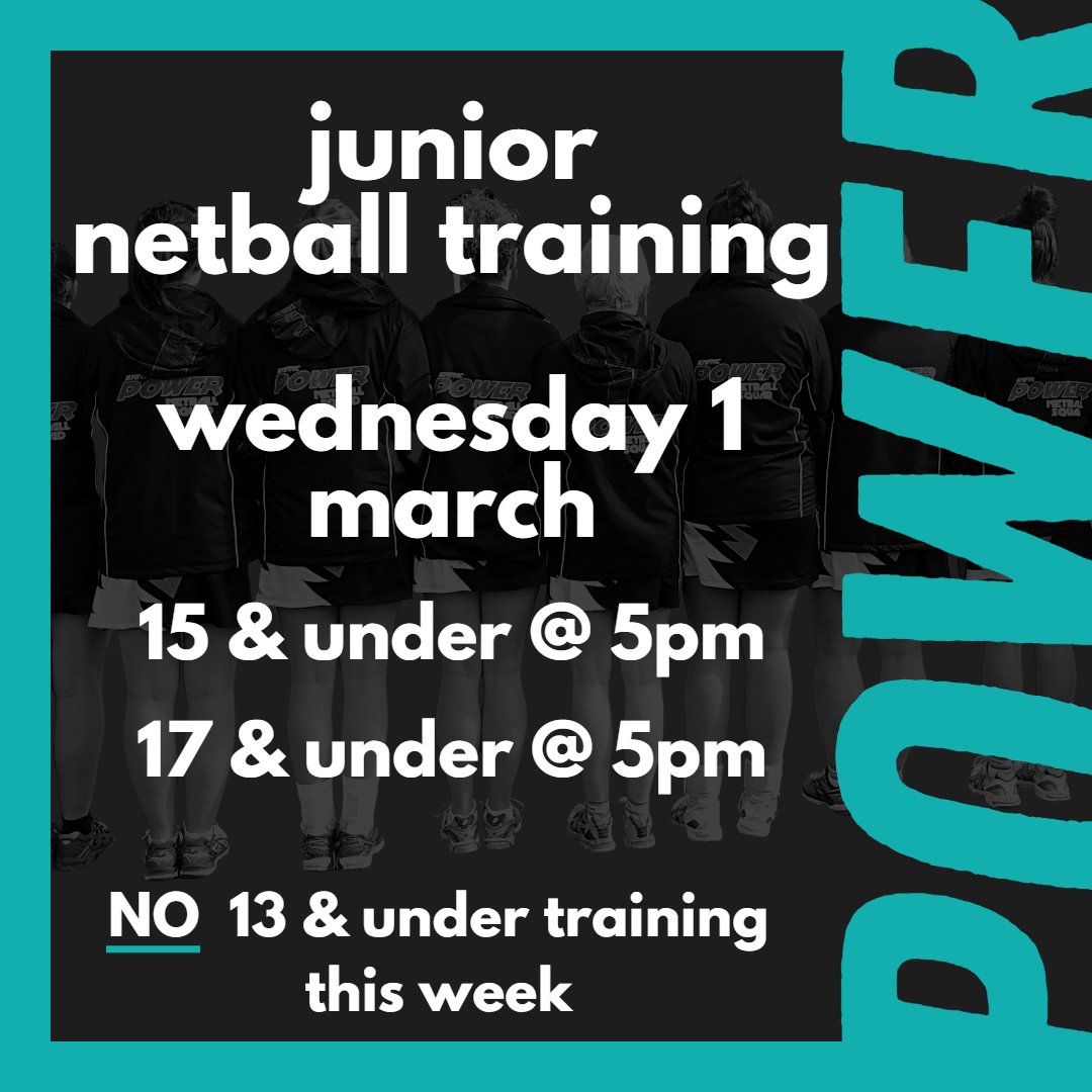 REMINDER JUNIOR NETBALL TRAINING 🏐⚡
Starts this Wednesday 1 March for 15 &amp; under and 17 &amp; under from 5pm at the netball courts.
13 &amp; under training will start next week Wednesday 8 March.
Our coaches are ready to roll and we can't wait to see you all this week!!
POWER on 3...