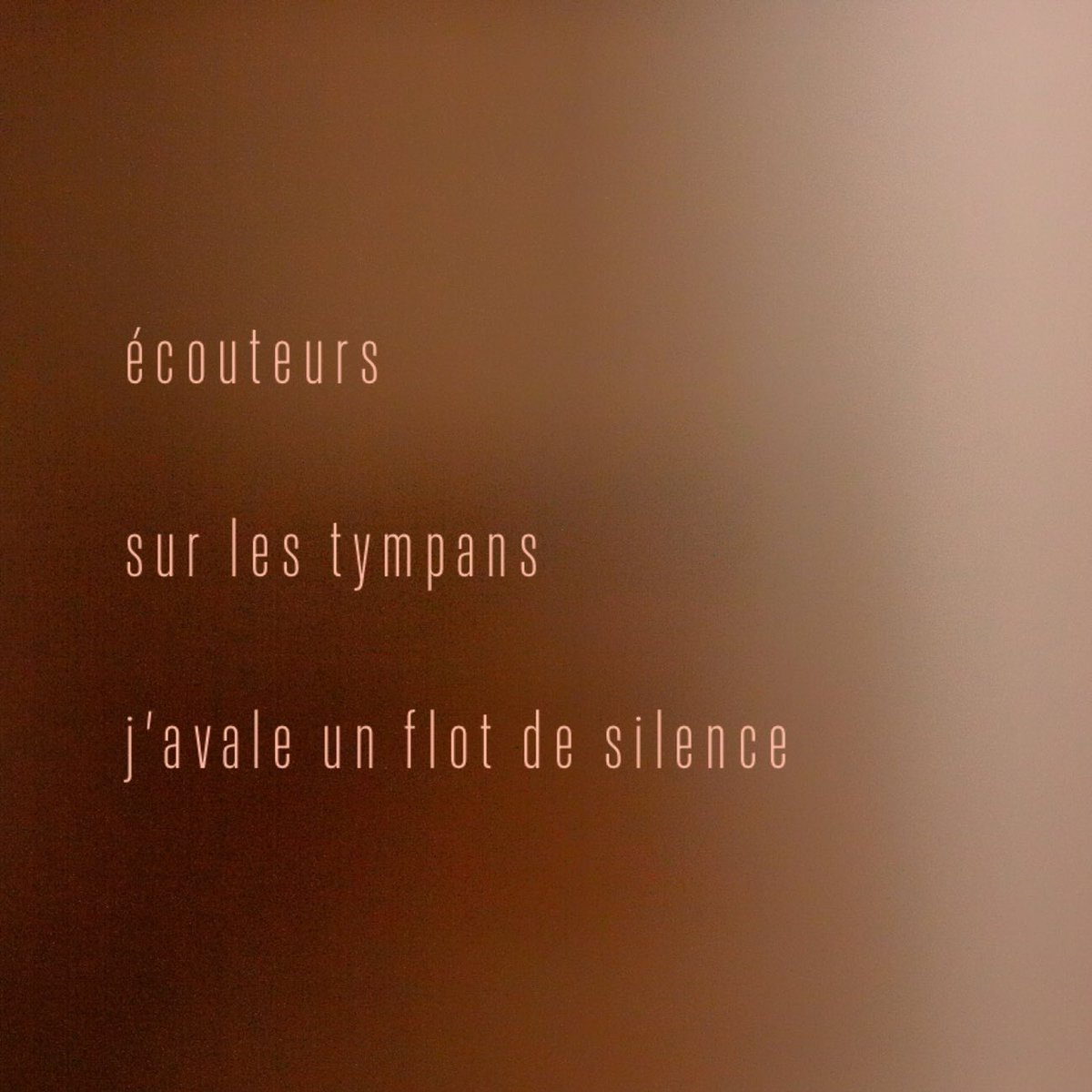 …

 écouteurs

 sur les tympans

 j’avale un flot de silence

…

FC