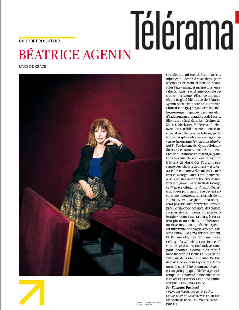 Mariedespoules's tweet photo. 👉 RETOURS SUR LA PRESSE
Aujourd'hui on vous partage le portrait par @Telerama  de Béatrice Agenin...
Rendez-vous au Studio des Champs-Elysées du jeudi au samedi à 20h30 et le dimanche à 16h ! 
#champselyses #theatre #georgesand #littérature #savoisien https://t.co/EhVbwnqKAa
