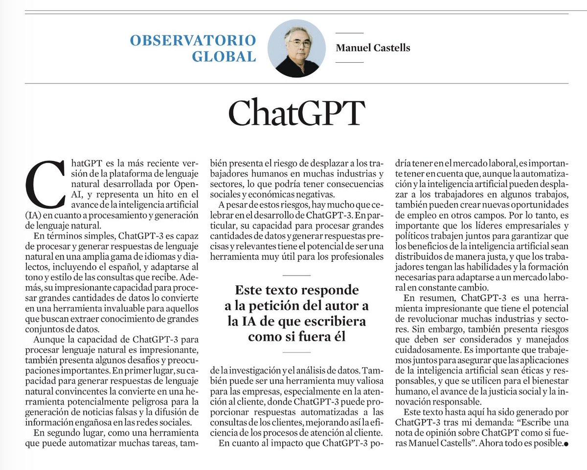 "Escribe una nota de opinión sobre ChatGPT como si fueras Manuel Castells". <a href="/LaVanguardia/">La Vanguardia</a>⁩ 👇