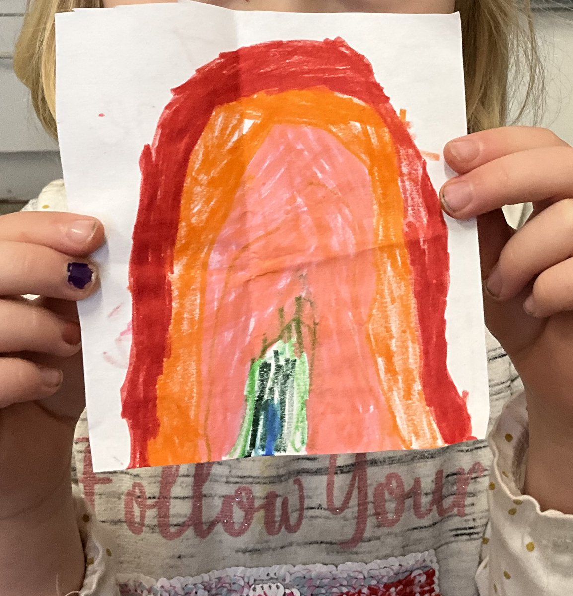 Joolone's tweet photo. #nursery child continues to bring in her own plans for the school day written with mum.

She runs outside &amp; feeds the goats. 

She makes a classic #montessori design with the #pinktower

“I’ve also drawn a rainbow and written a letter…it says ‘I love you Crispin’”

#eyfs https://t.co/nJnX48EymH