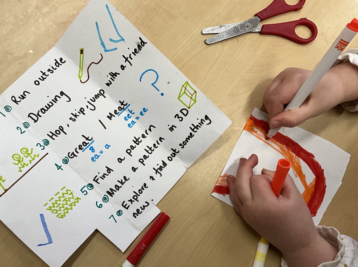 Joolone's tweet photo. #nursery child continues to bring in her own plans for the school day written with mum.

She runs outside &amp; feeds the goats. 

She makes a classic #montessori design with the #pinktower

“I’ve also drawn a rainbow and written a letter…it says ‘I love you Crispin’”

#eyfs https://t.co/nJnX48EymH