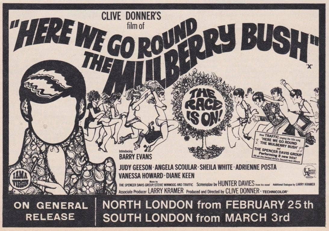 Fifty-five years ago today, North London cinema audiences went round the Mulberry Bush... #HereWeGoRoundTheMulberryBush #1960s #film #films #BarryEvans #JudyGeeson #CliveDonner #HunterDavies #Swinging60s