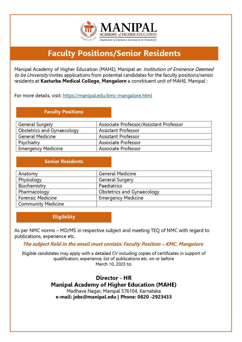Faculty positions and senior resident positions at Kasturba Medical College in Mangalore, a constituent unit of @MAHE_Manipal 

email: jobs@manipal.edu 

@DrBUnnikrishnan @suresh06121975 @swamitwitanand @BaligaShrikala 

#mahe #institutionofeminence #kmc #resident