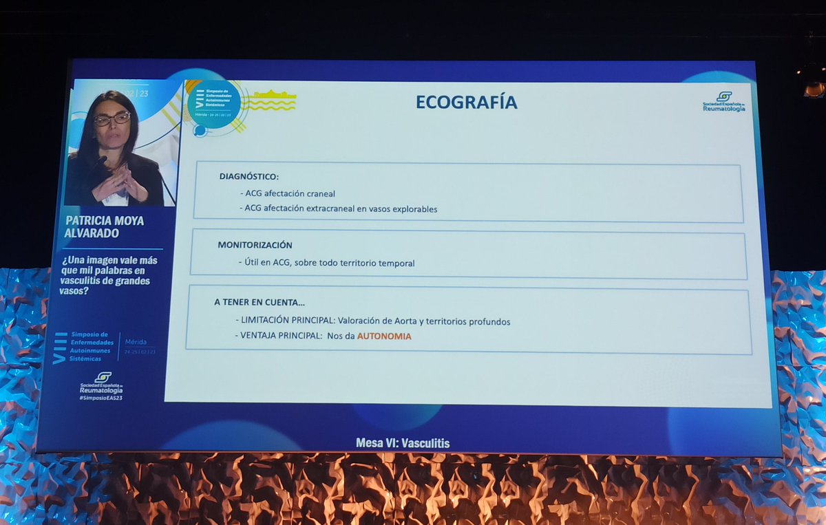 JOVREUM's tweet photo. La Dra. @pmoyaal resume de forma magistral las pruebas de imagen en #vasculitis de gran vaso:
🟣 Ecografía: estudio craneal y extracraneal; ✅ autonomía; limitación aorta/territorios profundos
🟣 TC: contraste y sincronizado ❤️; estudio complicaciones, NO para control actividad https://t.co/TkRRdKRKoX