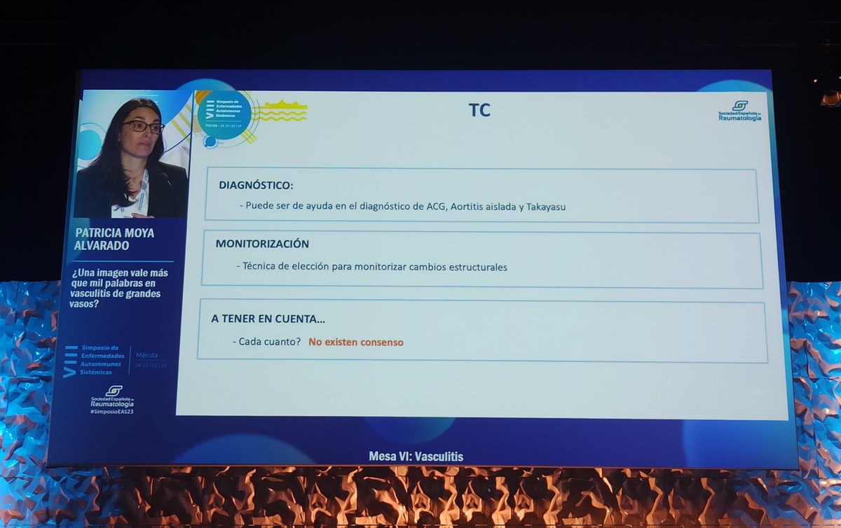 JOVREUM's tweet photo. La Dra. @pmoyaal resume de forma magistral las pruebas de imagen en #vasculitis de gran vaso:
🟣 Ecografía: estudio craneal y extracraneal; ✅ autonomía; limitación aorta/territorios profundos
🟣 TC: contraste y sincronizado ❤️; estudio complicaciones, NO para control actividad https://t.co/TkRRdKRKoX