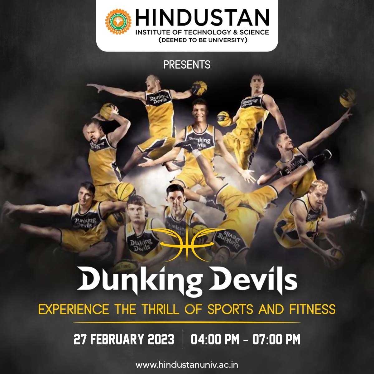 HindustanUni's tweet photo. Get ready to watch live once again the super exciting performance by #DunkingDevils - the world famous basket ball acrobats at our campus.
Can’t wait to see the team doing Alley-oop, Jump ball, slam dunk and many more…
#HITS #HindustanUniversity #MyHindustan https://t.co/2IwlOMw7B3
