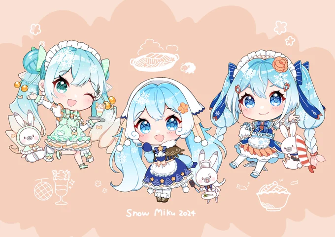 うちの雪ミク2024案たち可愛いのでよろしくお願いいたします左側がメロンパフェ、真ん中がジンギスカン、右側が海鮮丼です誰か一人にでも気に入ってもらえると嬉しいです… 