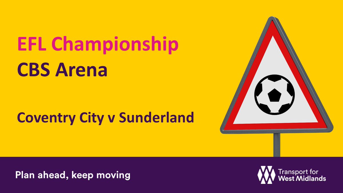 WMRoads's tweet photo. ⚽ @Coventry_City take on @SunderlandAFC in a 12:30 lunchtime kick-off at the CBS Arena.

🚗 Expect congestion along A444, and traffic diverting around the ongoing Hen Lane closure.

👉Plan ahead: https://t.co/Ja1Yqfhxp7 https://t.co/2o3cy0WP6q