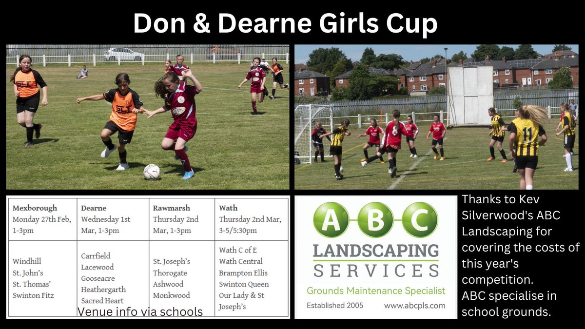 TottyCup's tweet photo. The 2023 Don &amp; Dearne Schools Cup stars next week with 4 qualifying tournaments.  Eight teams will go through to a finals day in May (TBC). 
Thanks to ABC Landscaping for covering the costs. 
Last year's competition: https://t.co/H61HWdu292 https://t.co/00uQhdLE7K