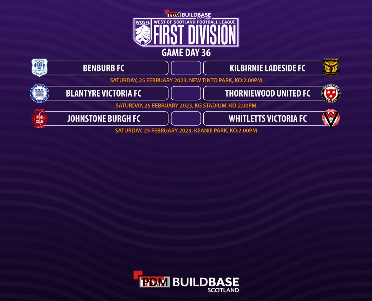 Here are today's <a href="/PDMBuildbase_/">PDM Buildbase</a> #WoSFL Fixtures across all five of our division starting with the Premier and First Divisions