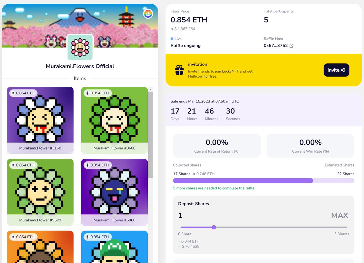 LuckyNFT_VIP's tweet image. 🍀#Luckyraffle is still ongoing.

5 shares left for an incredible Murakami Flowers! Cost 0.44 ETH only to get a chance and win BIG.

🔥Join NOW: luckynft.vip/detail/2849552…
#LuckyNFT #NFTGiveaway