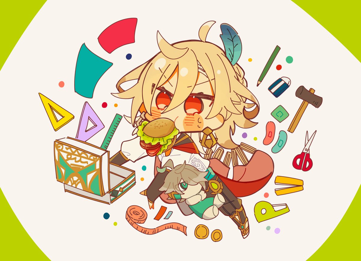 red eyes blonde hair feathers burger food solo male focus  illustration images