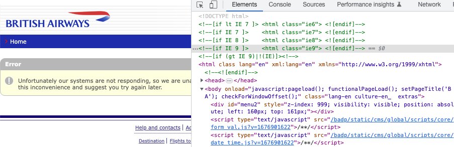 I guess <a href="/British_Airways/">British Airways</a> cannot handle browsers newer than IE9 😅