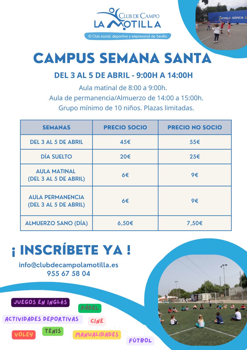 ¡Abiertas inscripciones para nuestro Campus de Semana Santa! 

📌 Actividades Deportivas
📌PÁDEL - FÚTBOL- TENIS - VOLEY - BALONCESTO - PICKLEBALL
📌 Manualidades
📌 Cine
📌 Juegos en inglés

¡Plazas disponibles, apúntate ya!
#campuslamotilla #VIVELAMOTILLA #lamotilla