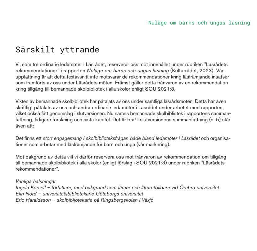 Angående Kulturrådets rapport: Nuläge om barns och ungas läsning. TACK för det särskilda yttrandet! Vi behöver handlingskraft NU istället för luddiga formuleringar. <a href="/Eric_Haraldsson/">Eric Haraldsson</a> <a href="/elinnord/">Elin Nord</a> <a href="/ingelakorsell/">Ingela Korsell</a> <a href="/Kulturrdet/">Kulturrådet</a>