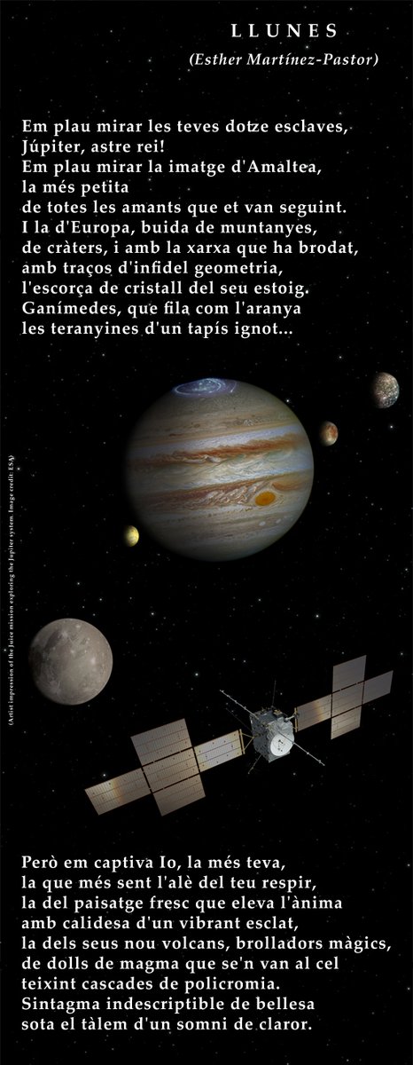 Llunes a l'entorn de #Júpiter, rotant cadascuna amb la seva pròpia gràcia.
Amaltea, Europa, Ganímedes, Io... però se’n coneixen d'altres.
Matèria còsmica en l'#òrbita, també, de l'Esther Martínez-Pastor.

#CiènciaiPoesia #DonesiCiència <a href="/lauramorron/">Laura Morrón Ruiz de Gordejuela ☢️📚📜</a> <a href="/CristinaSopena1/">Cristina Sopena</a> @nandreghan
