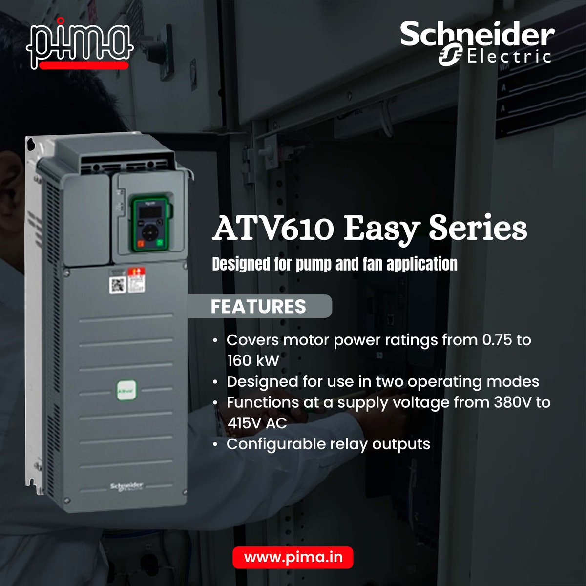 These 2 operating modes make the Easy Altivar 610 range suitable for use in variable and constant torque applications, such as pump, fan, compressor, and conveyor.

Visit our website at pima.in.

#EasyAltivar610 #VariableSpeedDrives #OptimizeDriveNominalRating