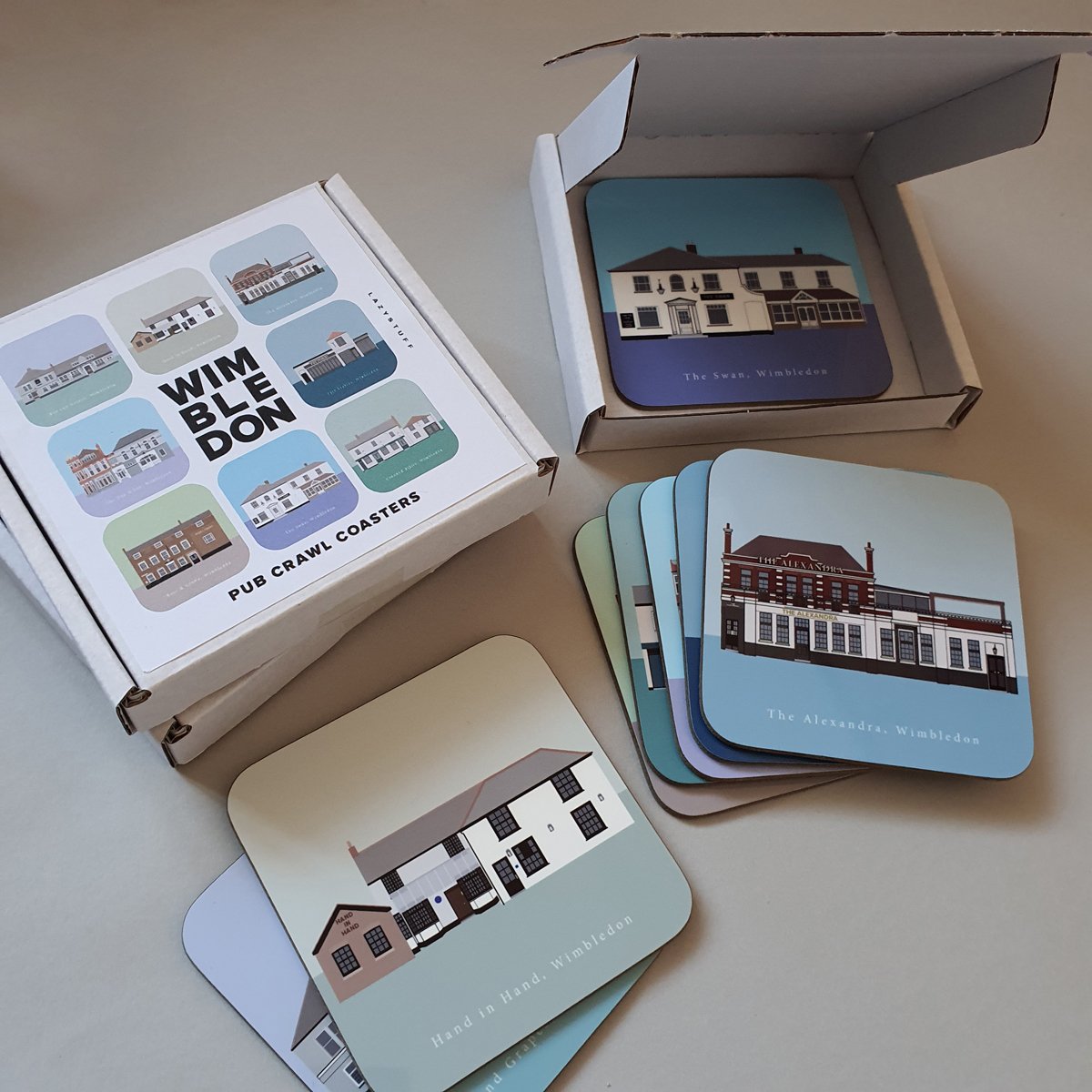 Wimbledon pubs on stylish hardwearing super-glossy coasters. Illustrated with: The Alexandra, The Fire Stables, Dog and Fox, Rose and Crown, Fox and Grapes, Hand in Hand, Crooked Billet, The Swan…. So in total, that’s 8 amazing coasters.
lazystuff.com/shop/wimbledon…
