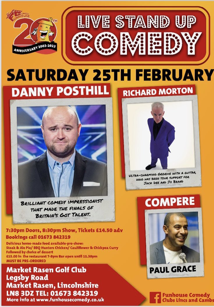 Looking forward to welcoming @PosthillDanny Richard Morton and compere Paul Grace to @funhousecomedy @Marketrasengc tonight. #standup #lincsconnect #lincolnshireevents #comedyscene