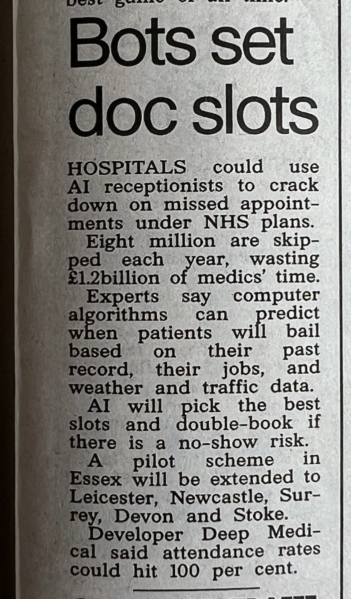 Great to see @NHS_CEP fellow @DeldarBenyamin in the @thetimes & @TheSun today with their groundbreaking AI tech to tackle missed appointments. The potential to create millions of extra #NHS out-patient appointments could be a game changer @AACinnovation @NHSEngland @MSEHospitals