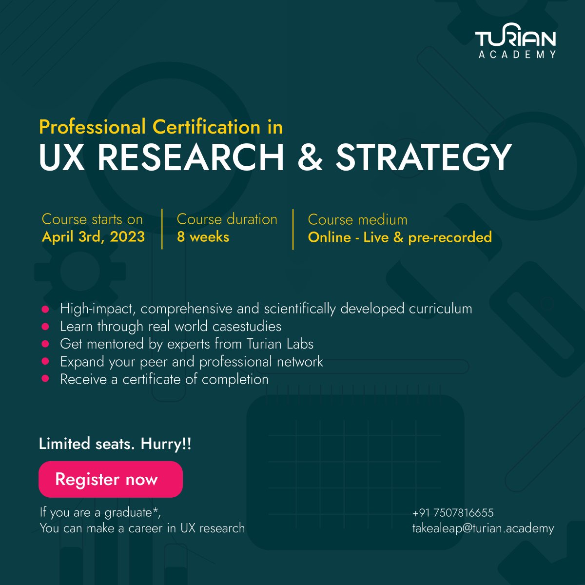 Apply for the UX Research certification programme by Turian Academy.
The next cohort starts on 3rd April.
Hurry! Limited seats.
Register on this link - lnkd.in/dKTaBK_y

#userexperienceresearch #uxresearch #elearning #uxcourse #designthinking #edtech #takealeap