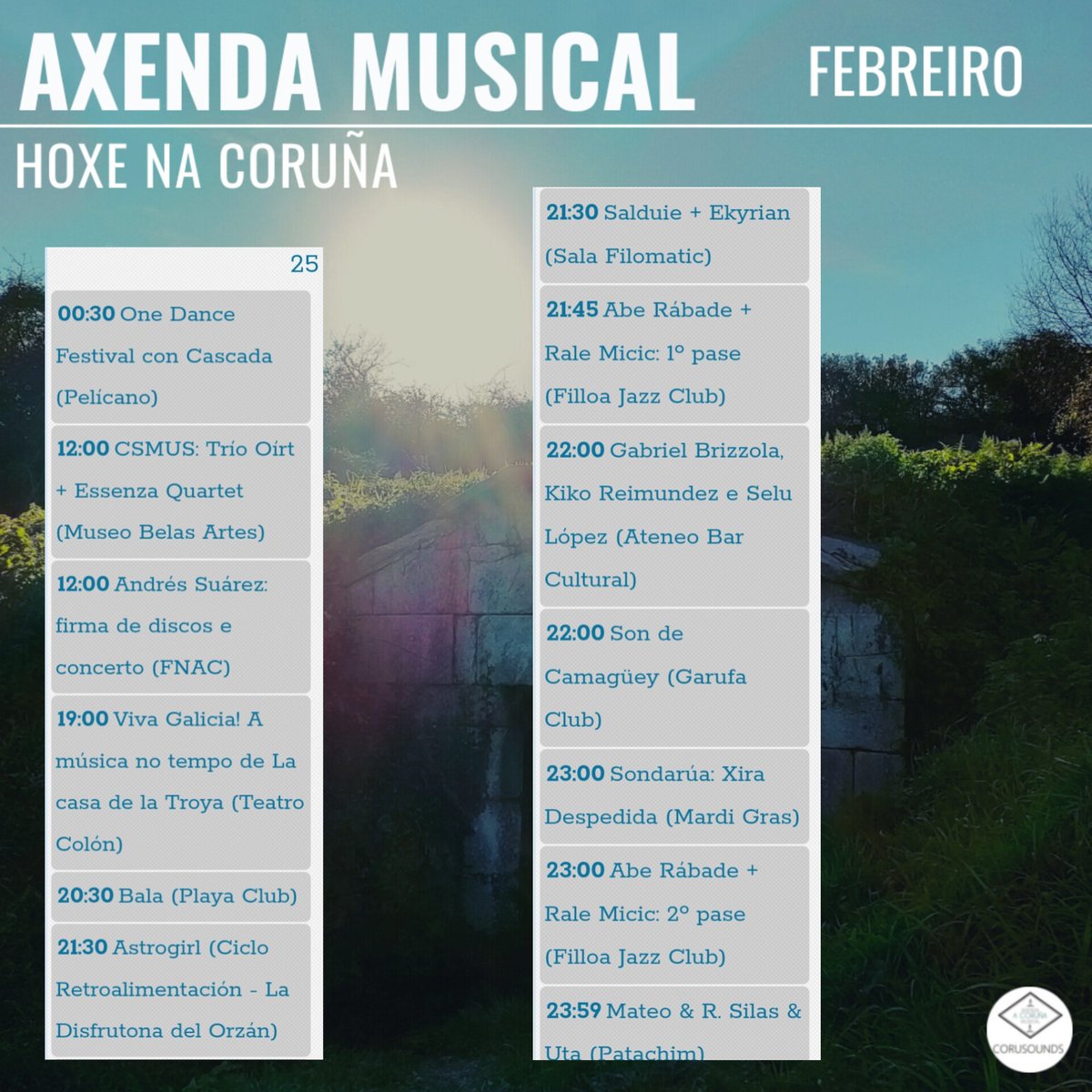 Hoxe na Coruña... 
.
.
.
Podes ver todos os concertos programados este ano en: corusounds.emiweb.es/agenda
#ACoruña #Coruña #AxendaMusical #AgendaMusical #Musica #Concertos #Concertos #Cultura #culturaparatodos #CulturaSegura